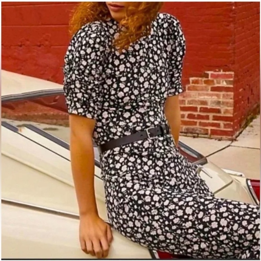 Free People Rosie Stretch Knit Floral Puff Sleeve Cutout Midi Dress. Size M - Picture 4 of 15
